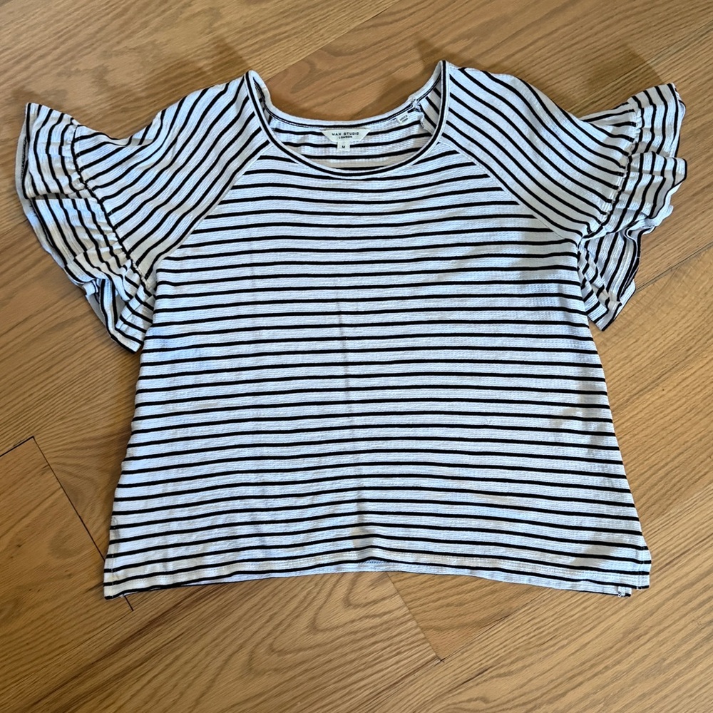 Max Studio Black & White Flutter Sleeve Striped Top - Picture 2 of 9